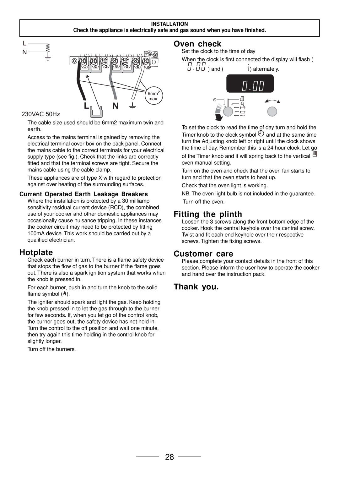 Maytag 110 installation instructions Oven check, Fitting the plinth, Customer care, Thank you 