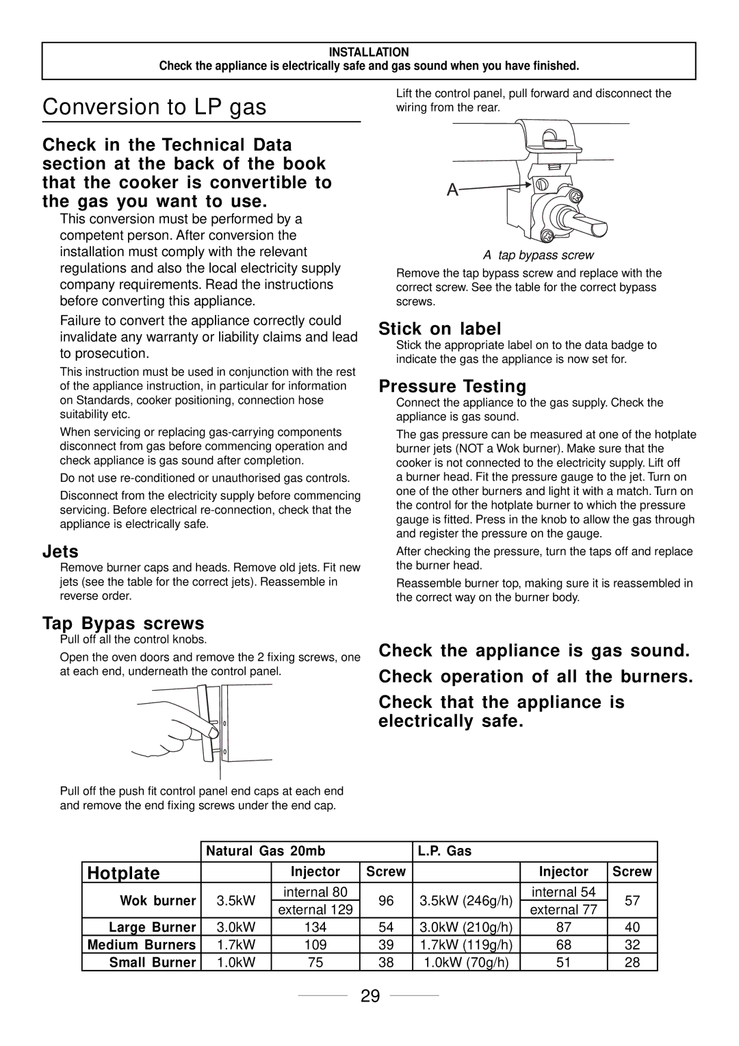 Maytag 110 installation instructions Conversion to LP gas, Jets, Stick on label, Tap Bypas screws 