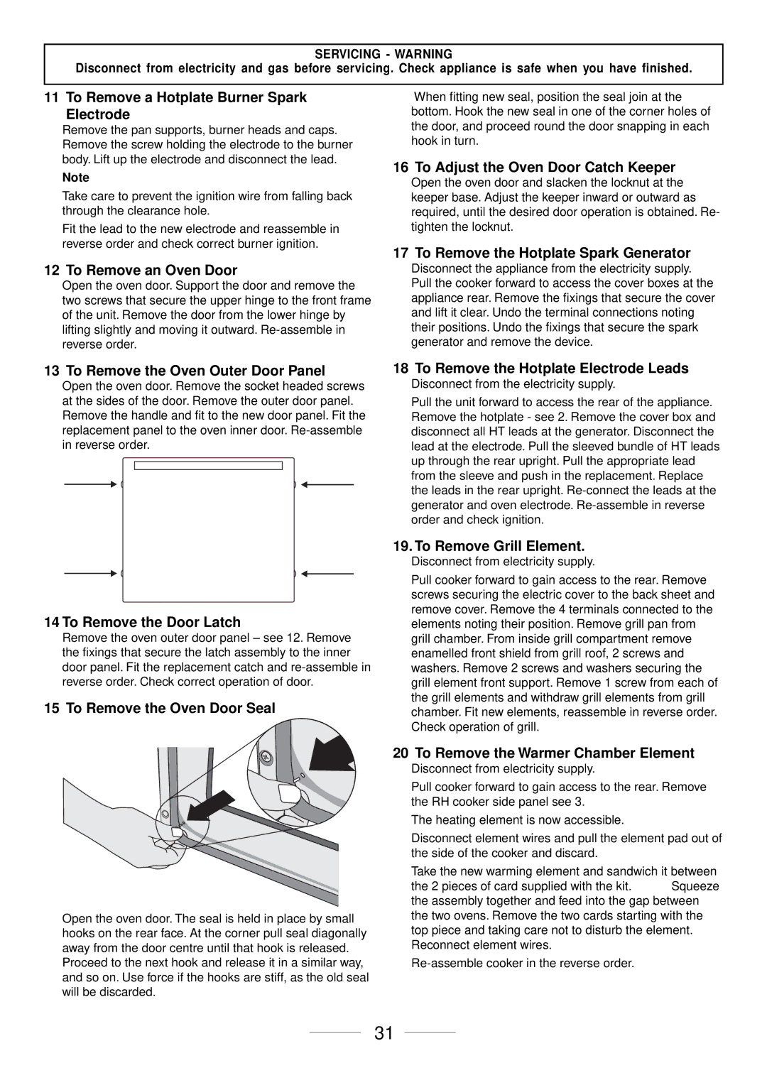 Maytag 110 To Remove a Hotplate Burner Spark Electrode, To Remove an Oven Door, To Adjust the Oven Door Catch Keeper 