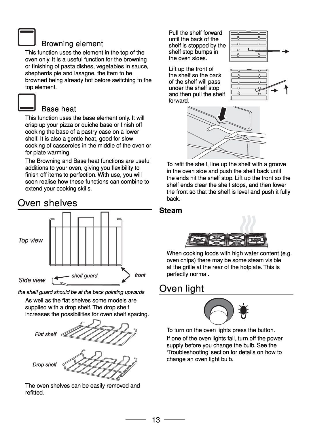 Maytag 110 installation instructions Oven shelves, Oven light, Steam 