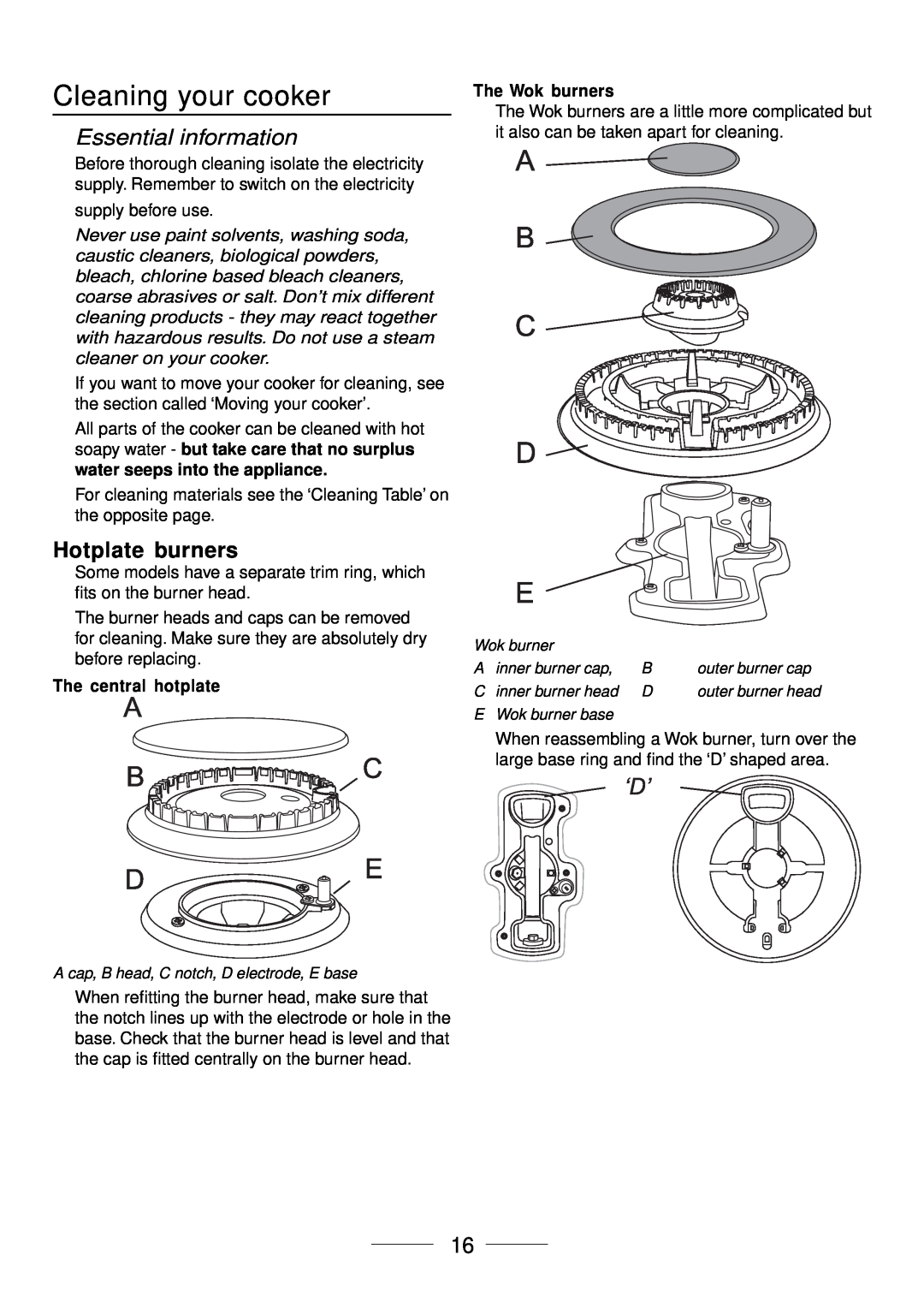 Maytag 110 installation instructions Cleaning your cooker, Hotplate burners, Essential information 
