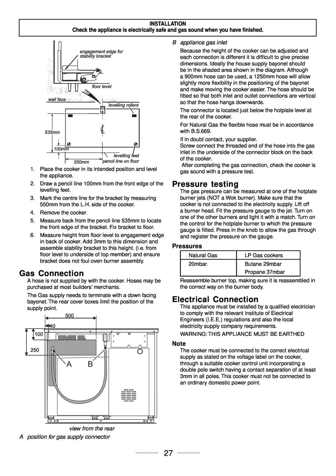 Maytag 110 installation instructions Gas Connection, Pressure testing, Electrical Connection, Pressures, Installation 