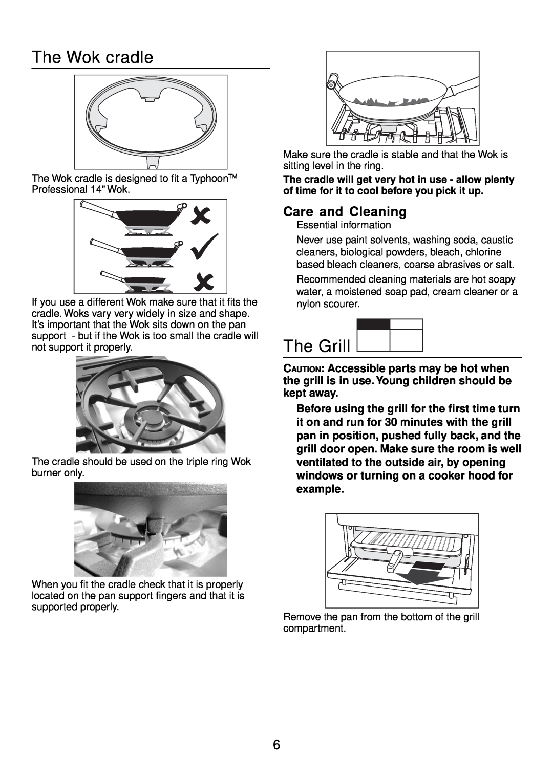 Maytag 110 installation instructions The Wok cradle, The Grill, Care and Cleaning 