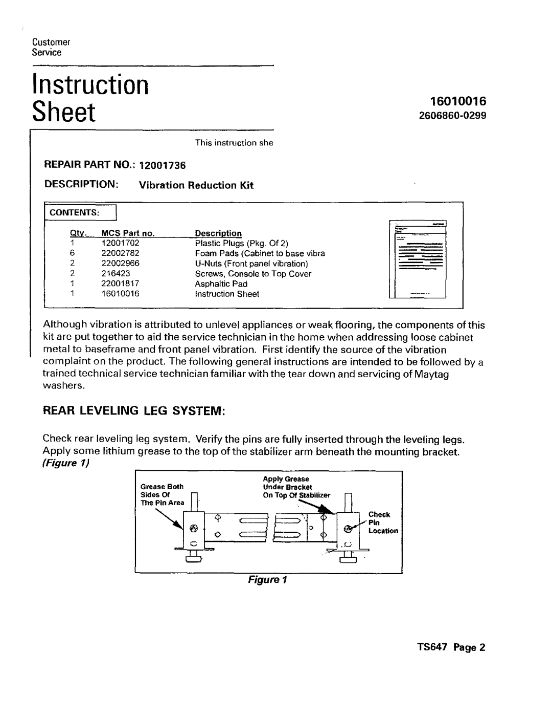 Maytag 12001736 manual Instruction Sheet, Rear Leveling LEG System 