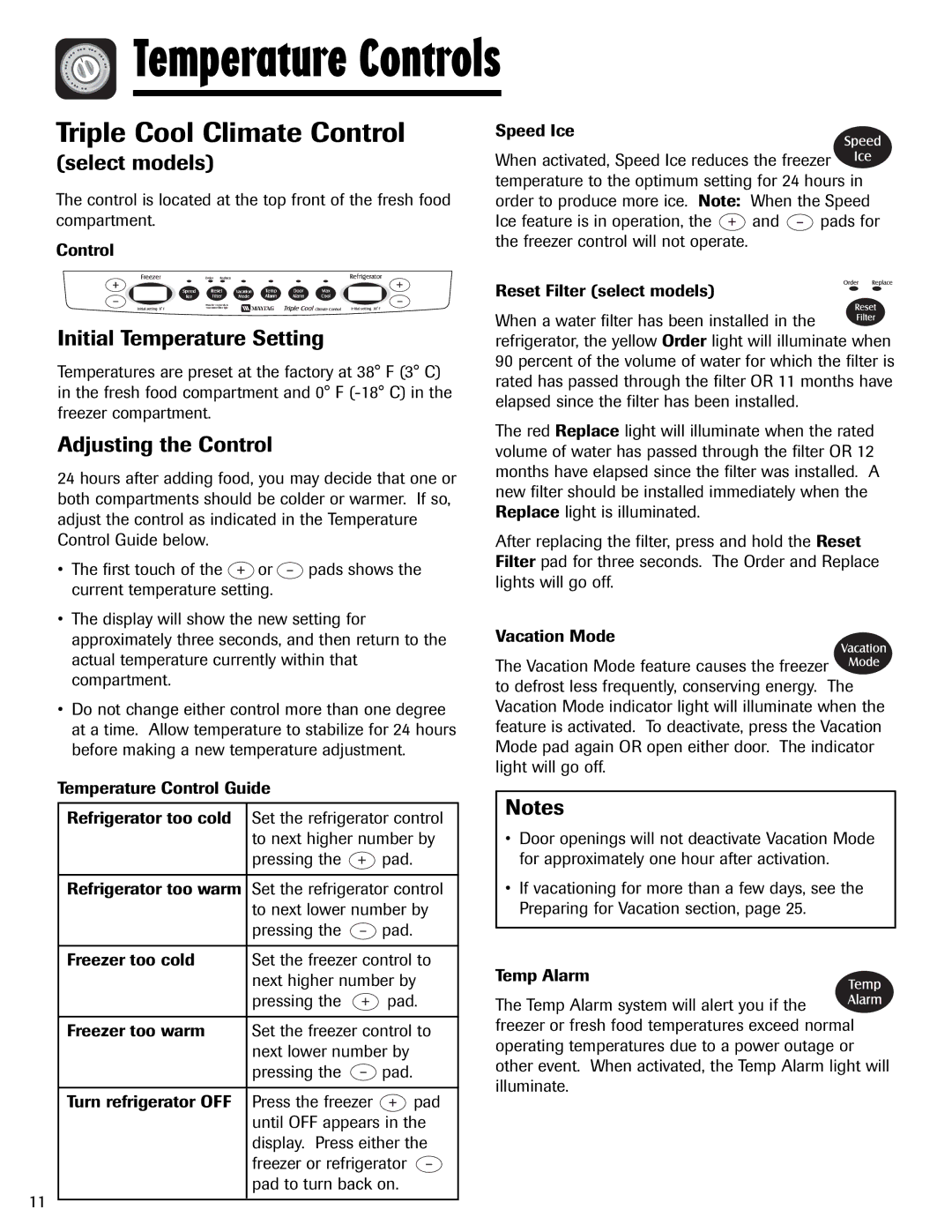 Maytag 12828121 Triple Cool Climate Control, Initial Temperature Setting, Adjusting the Control 