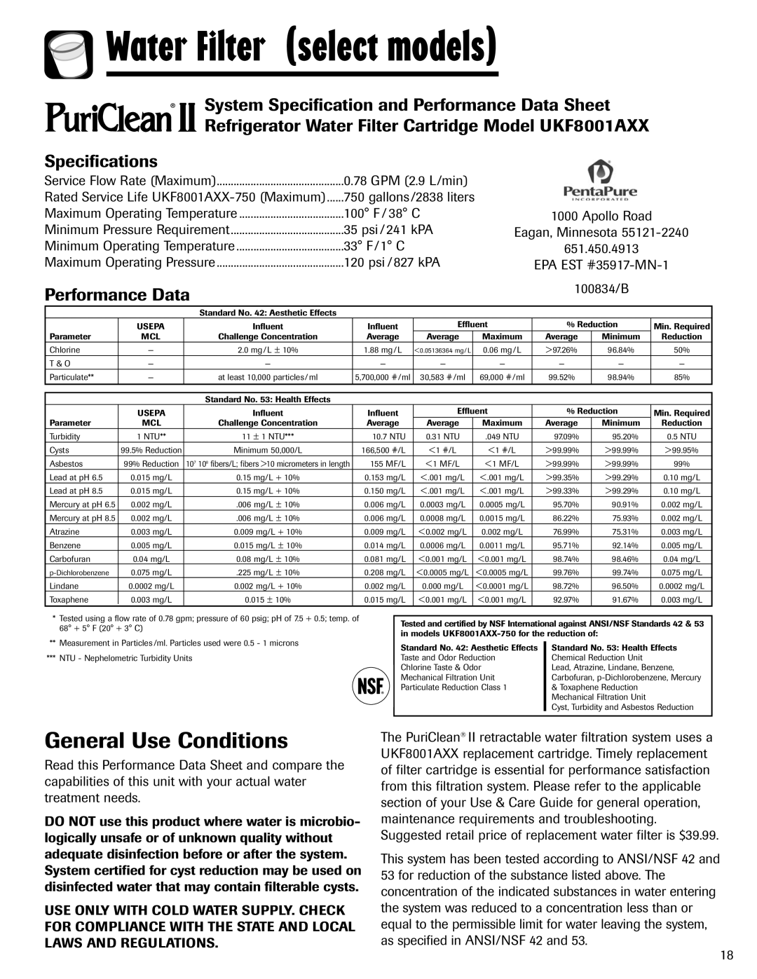 Maytag 12828121 important safety instructions General Use Conditions, Performance Data 