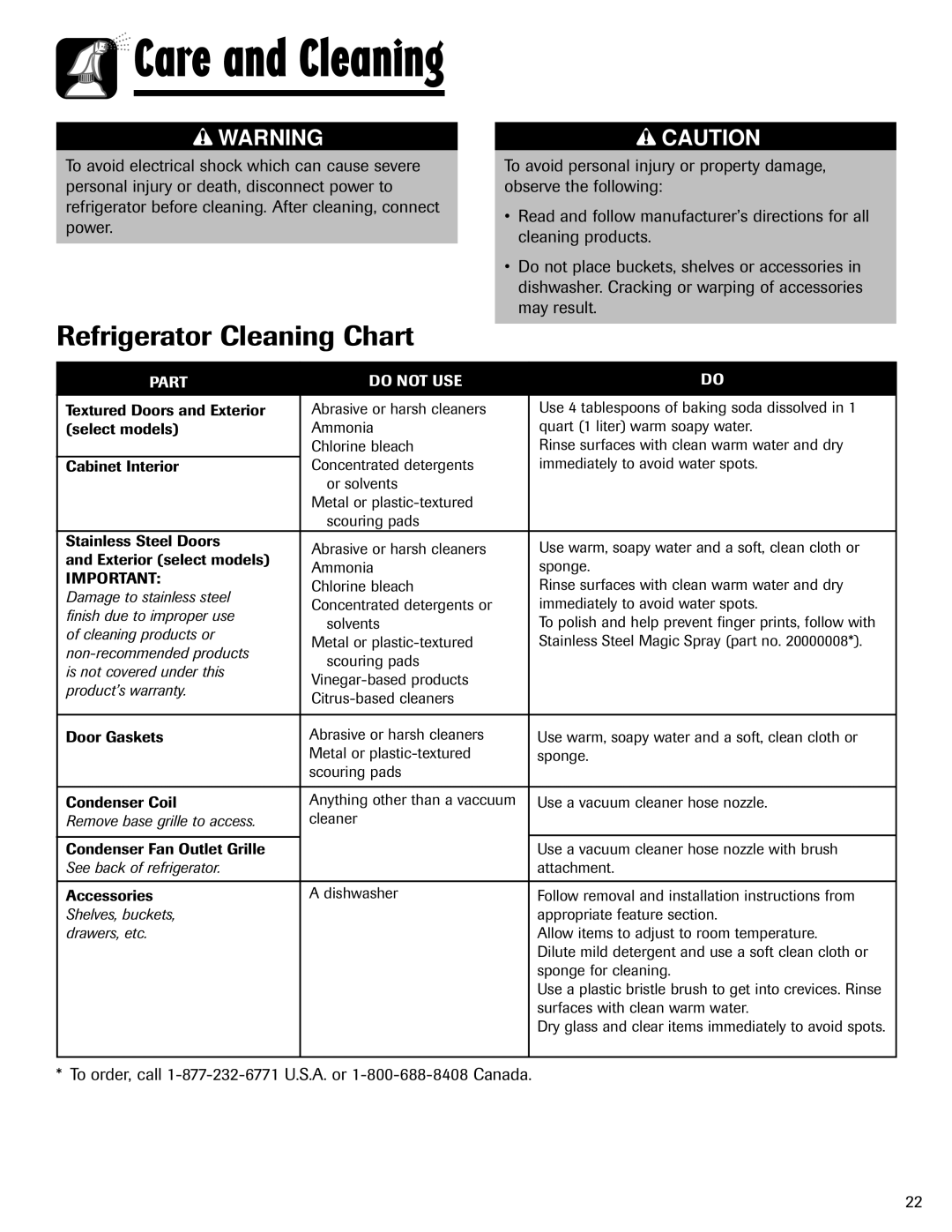 Maytag 12828121 important safety instructions Care and Cleaning, Refrigerator Cleaning Chart 