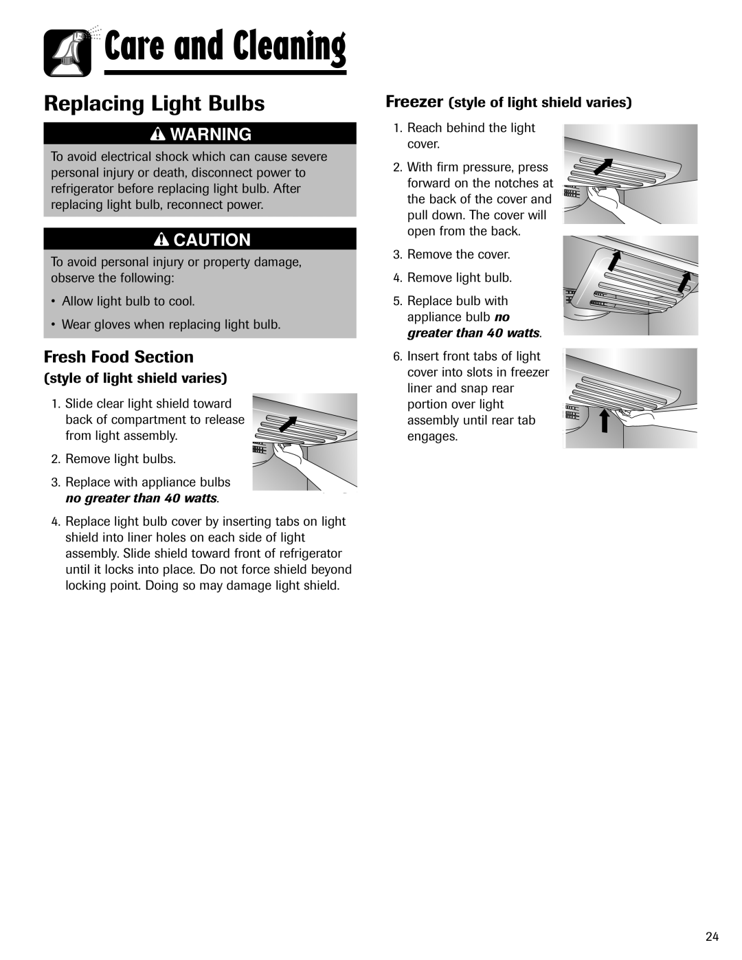 Maytag 12828121 important safety instructions Replacing Light Bulbs, Fresh Food Section, Style of light shield varies 