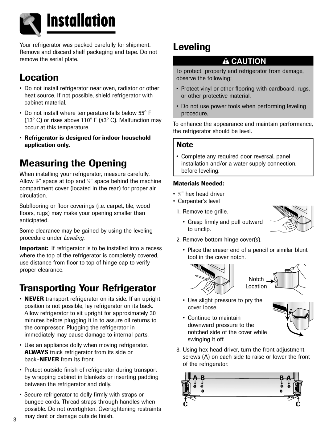 Maytag 12828121 Installation, Location, Measuring the Opening, Transporting Your Refrigerator, Leveling 