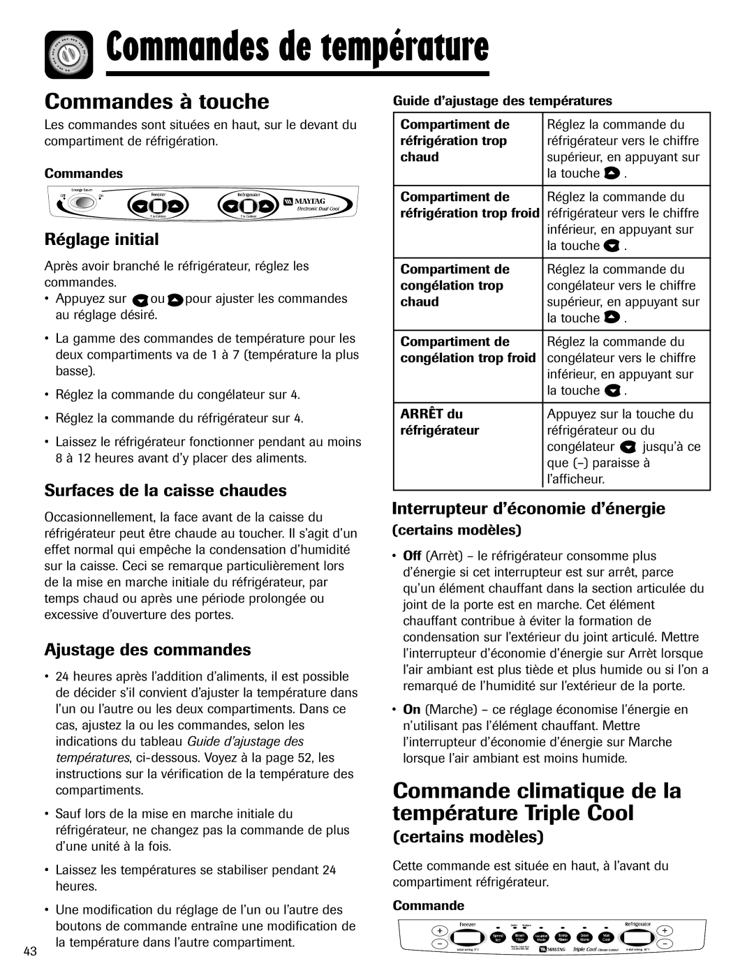 Maytag 12828121 Commandes de température, Commandes à touche, Commande climatique de la température Triple Cool 