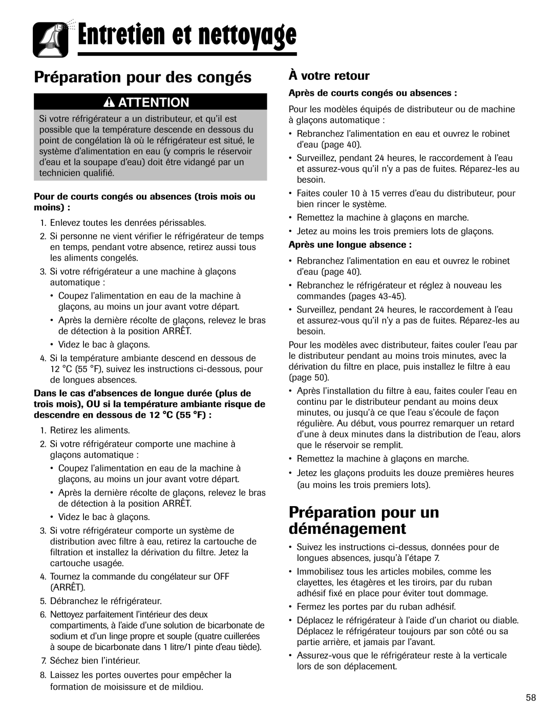 Maytag 12828121 important safety instructions Préparation pour des congés, Préparation pour un déménagement, Votre retour 