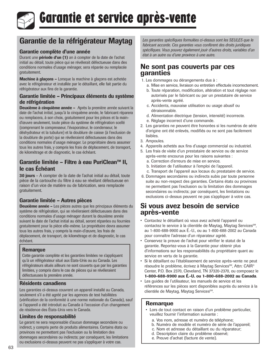 Maytag 12828121 important safety instructions Garantie et service après-vente 