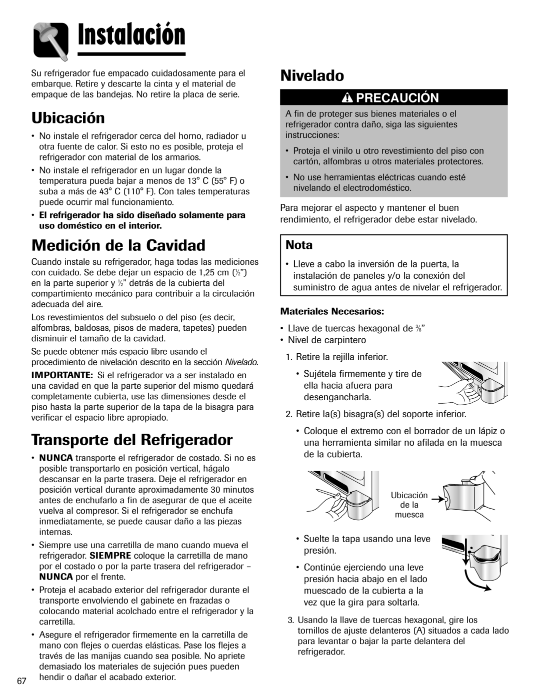 Maytag 12828121 Instalación, Ubicación, Medición de la Cavidad, Transporte del Refrigerador, Nivelado 