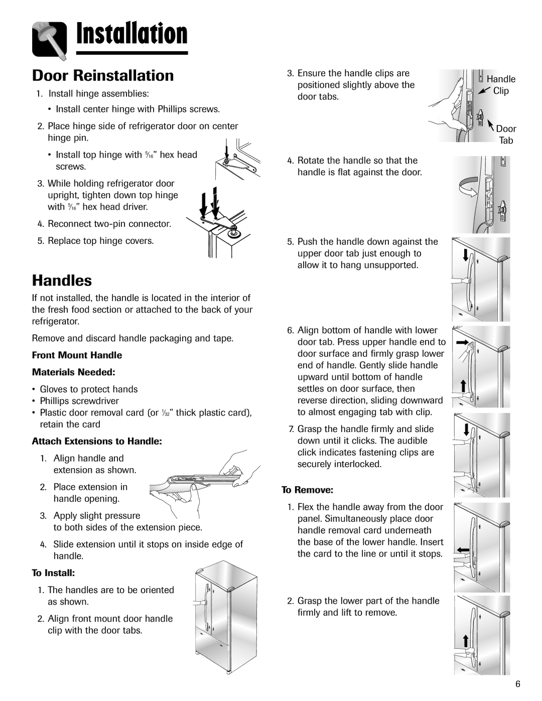 Maytag 12828121 important safety instructions Door Reinstallation, Handles 