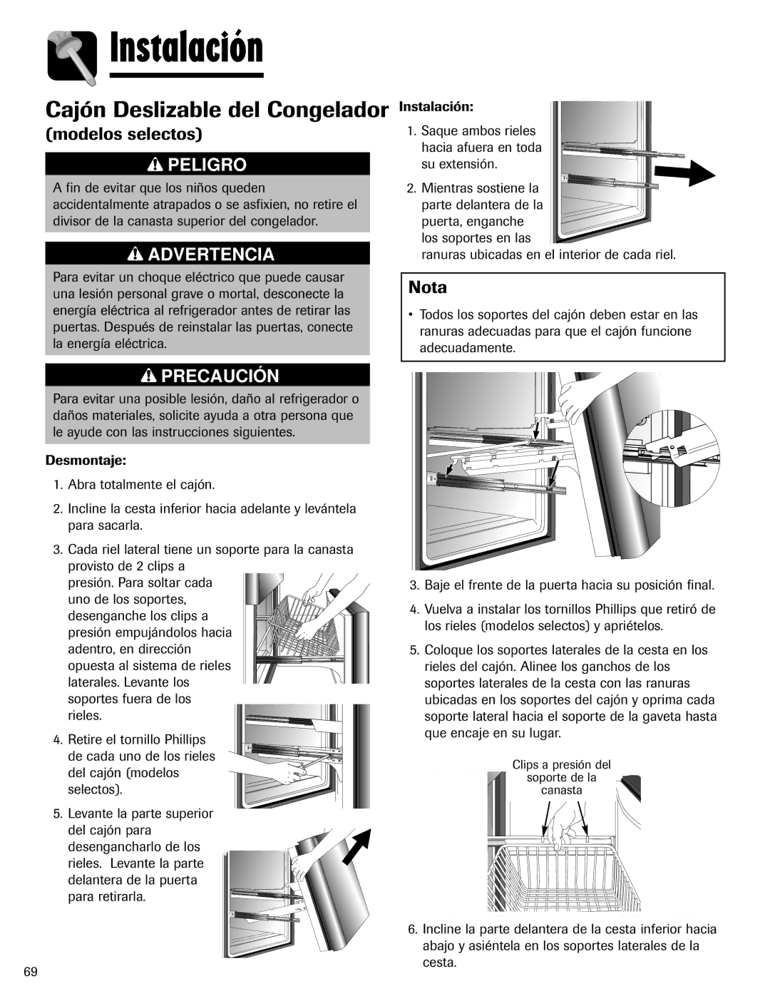 Maytag 12828121 Cajón Deslizable del Congelador, Modelos selectos, Ranuras ubicadas en el interior de cada riel 