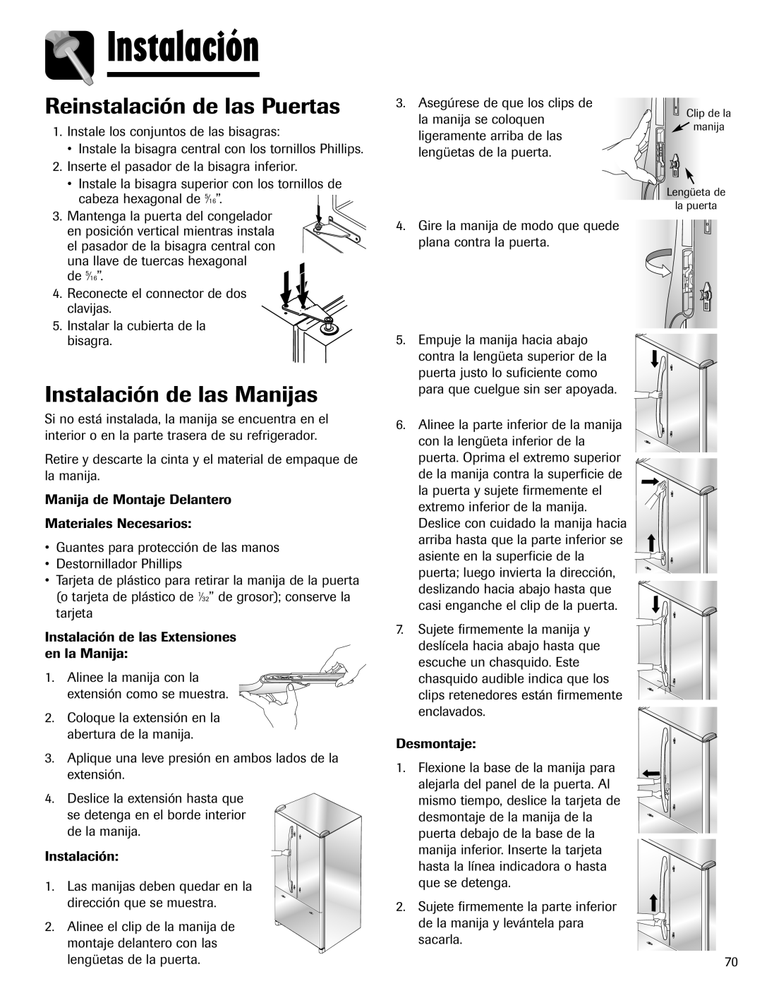 Maytag 12828121 important safety instructions Reinstalación de las Puertas, Instalación de las Manijas 