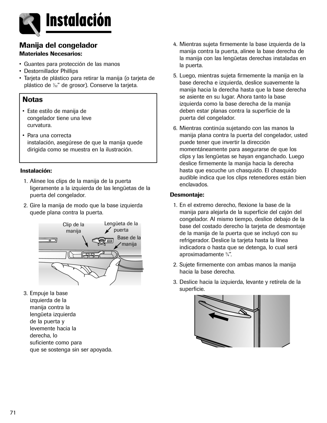 Maytag 12828121 important safety instructions Manija del congelador, Notas 