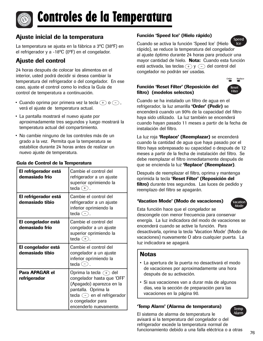 Maytag 12828121 important safety instructions Ajuste inicial de la temperatura, Ajuste del control, Apagado aparezca en la 