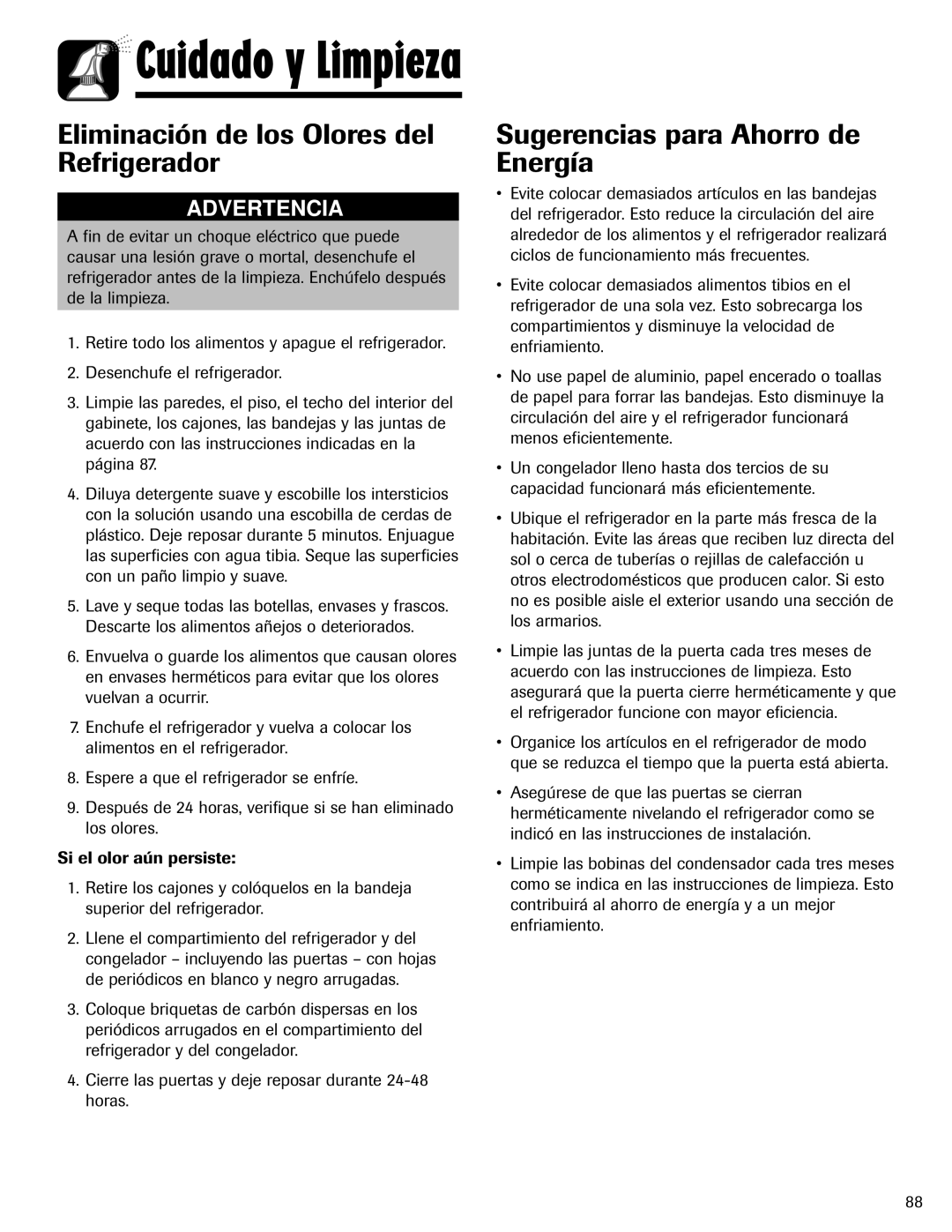 Maytag 12828121 Eliminación de los Olores del Refrigerador, Sugerencias para Ahorro de Energía 