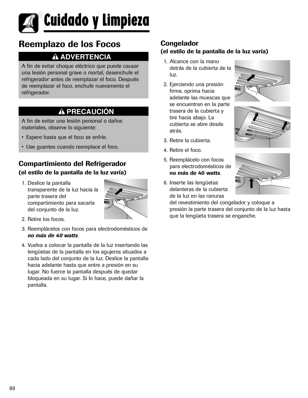 Maytag 12828121 important safety instructions Reemplazo de los Focos, Compartimiento del Refrigerador, Congelador 