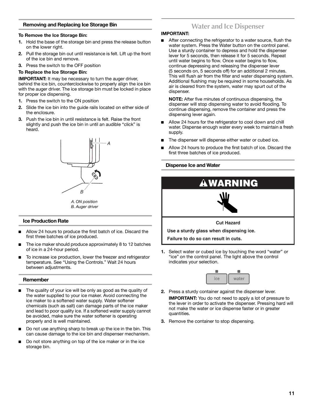 Maytag 12828186A, 12828190A Water and Ice Dispenser, Removing and Replacing Ice Storage Bin, Ice Production Rate, Remember 