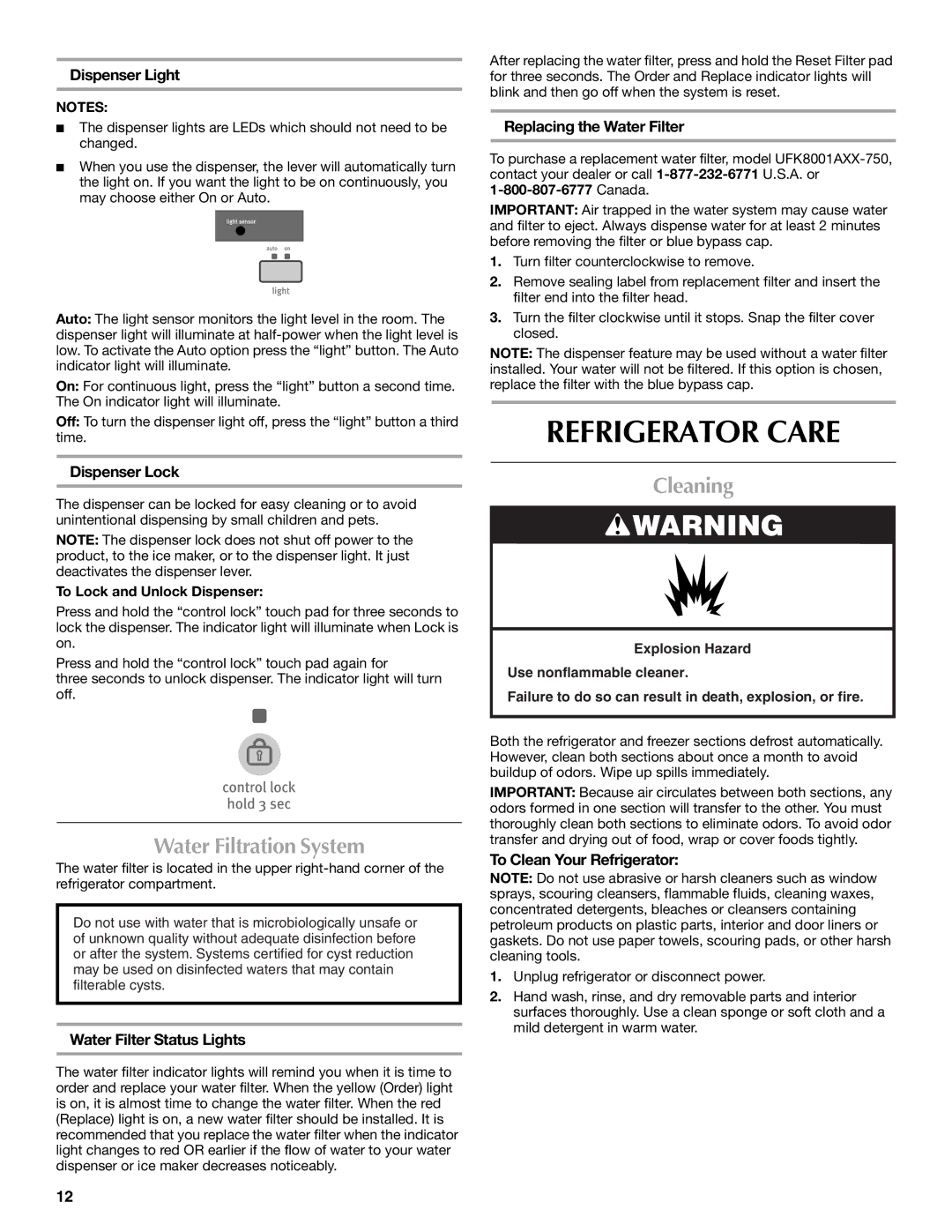 Maytag 12828190A, 12828186A installation instructions Refrigerator Care, Water Filtration System, Cleaning 