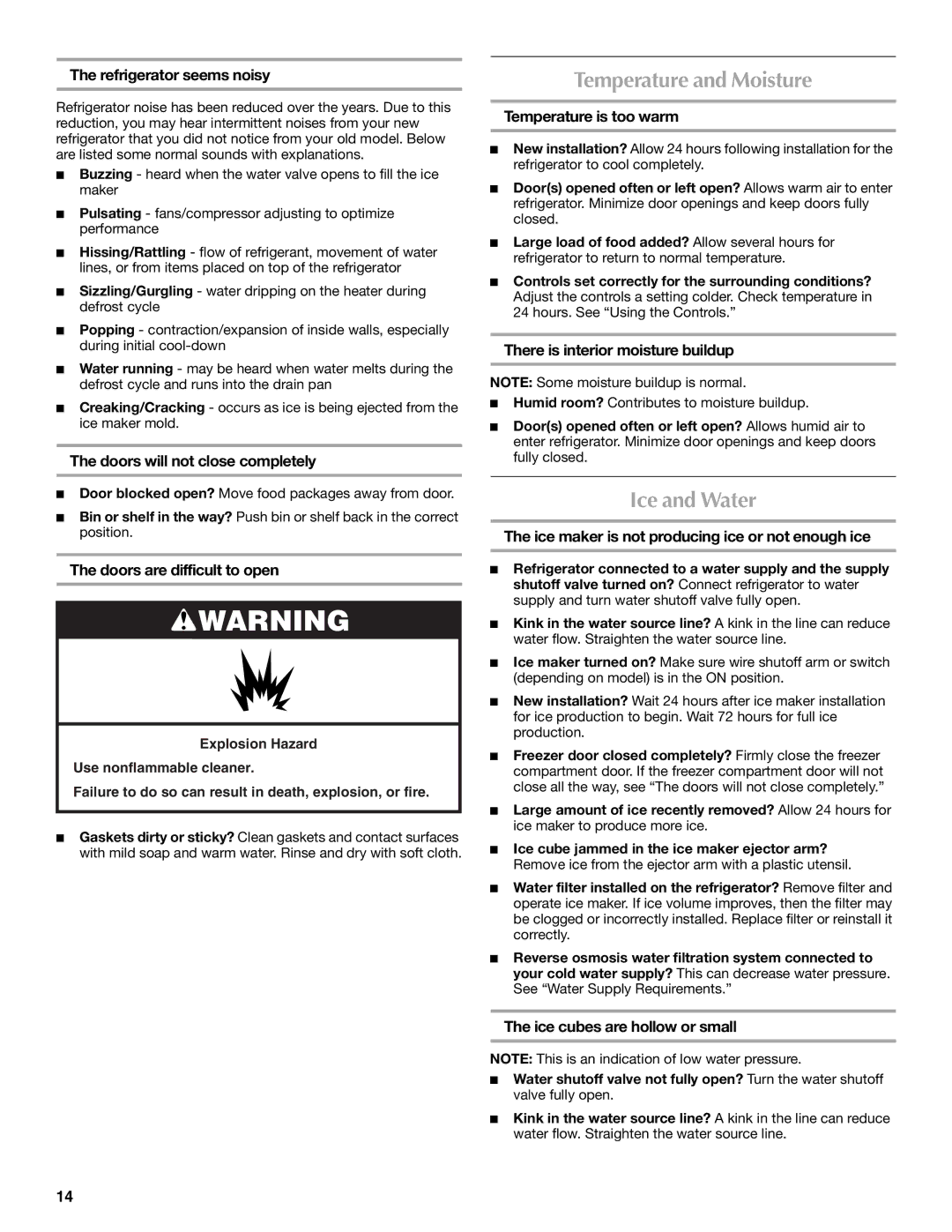 Maytag 12828190A, 12828186A installation instructions Temperature and Moisture, Ice and Water 