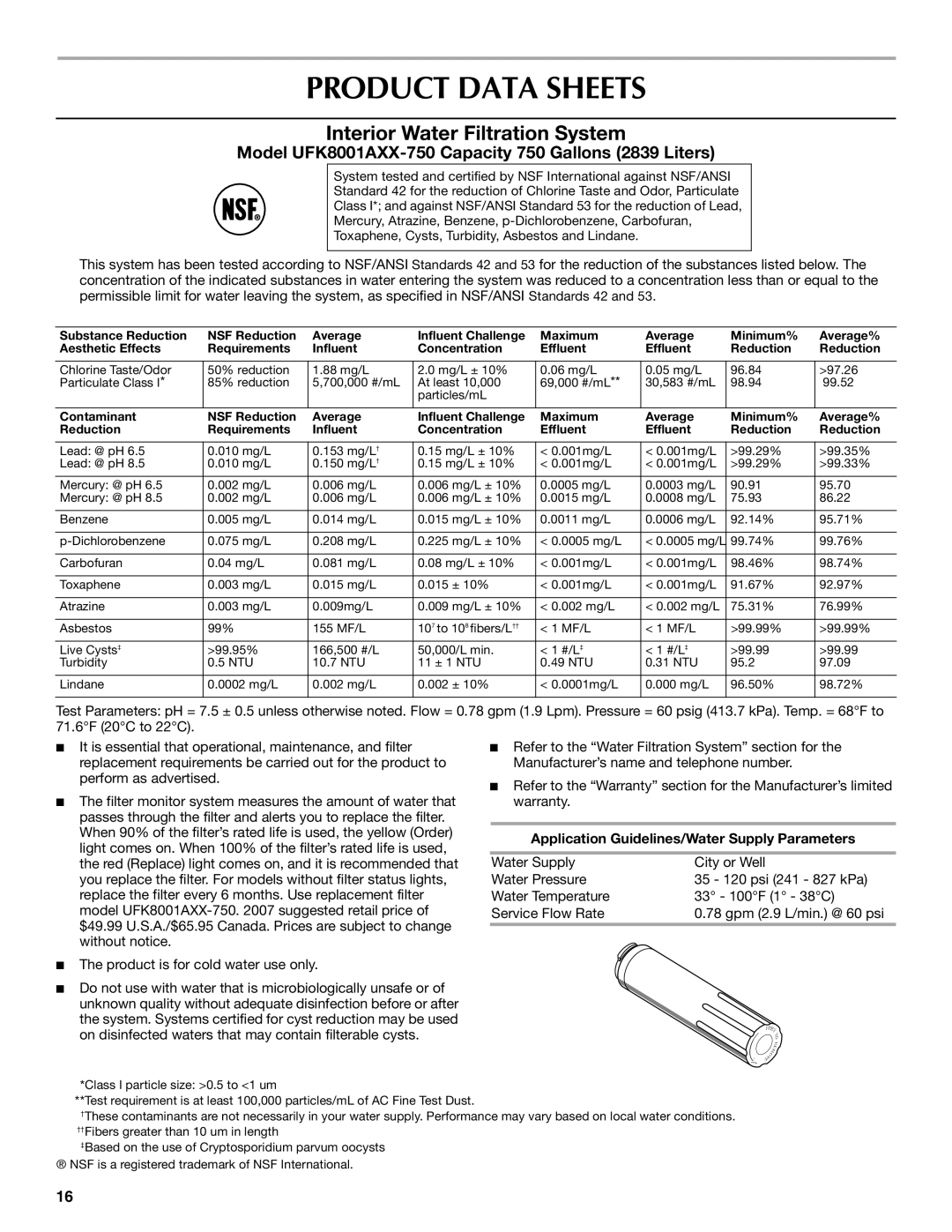 Maytag 12828190A, 12828186A installation instructions Product Data Sheets, Application Guidelines/Water Supply Parameters 