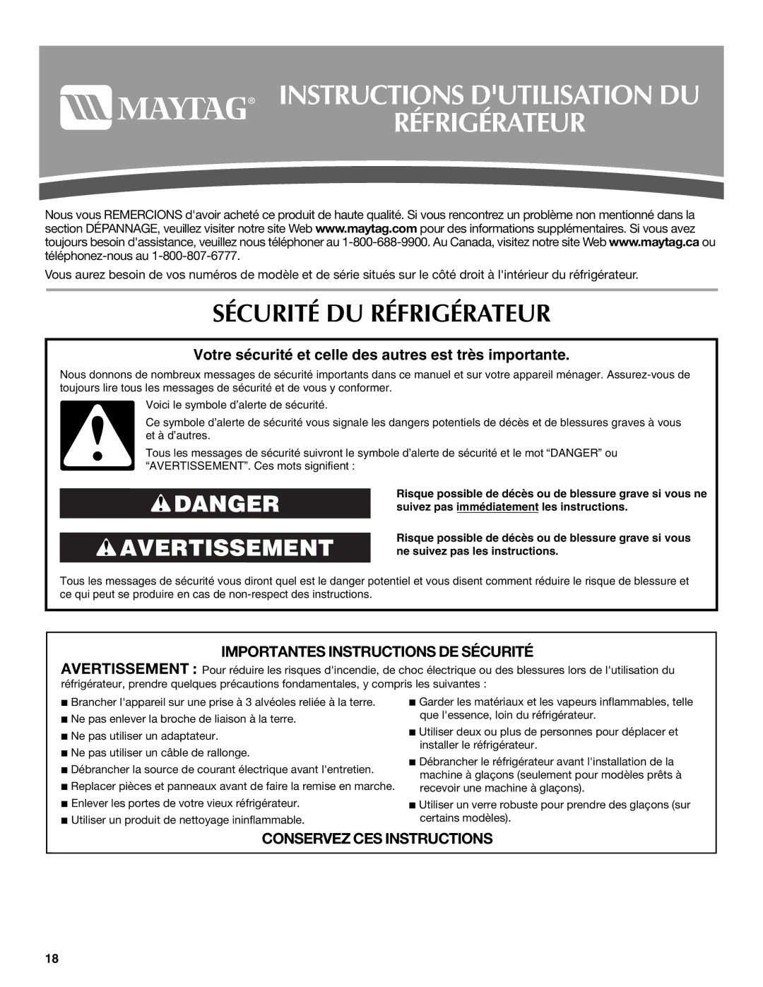 Maytag 12828190A, 12828186A installation instructions Instructions Dutilisation DU Réfrigérateur, Sécurité DU Réfrigérateur 