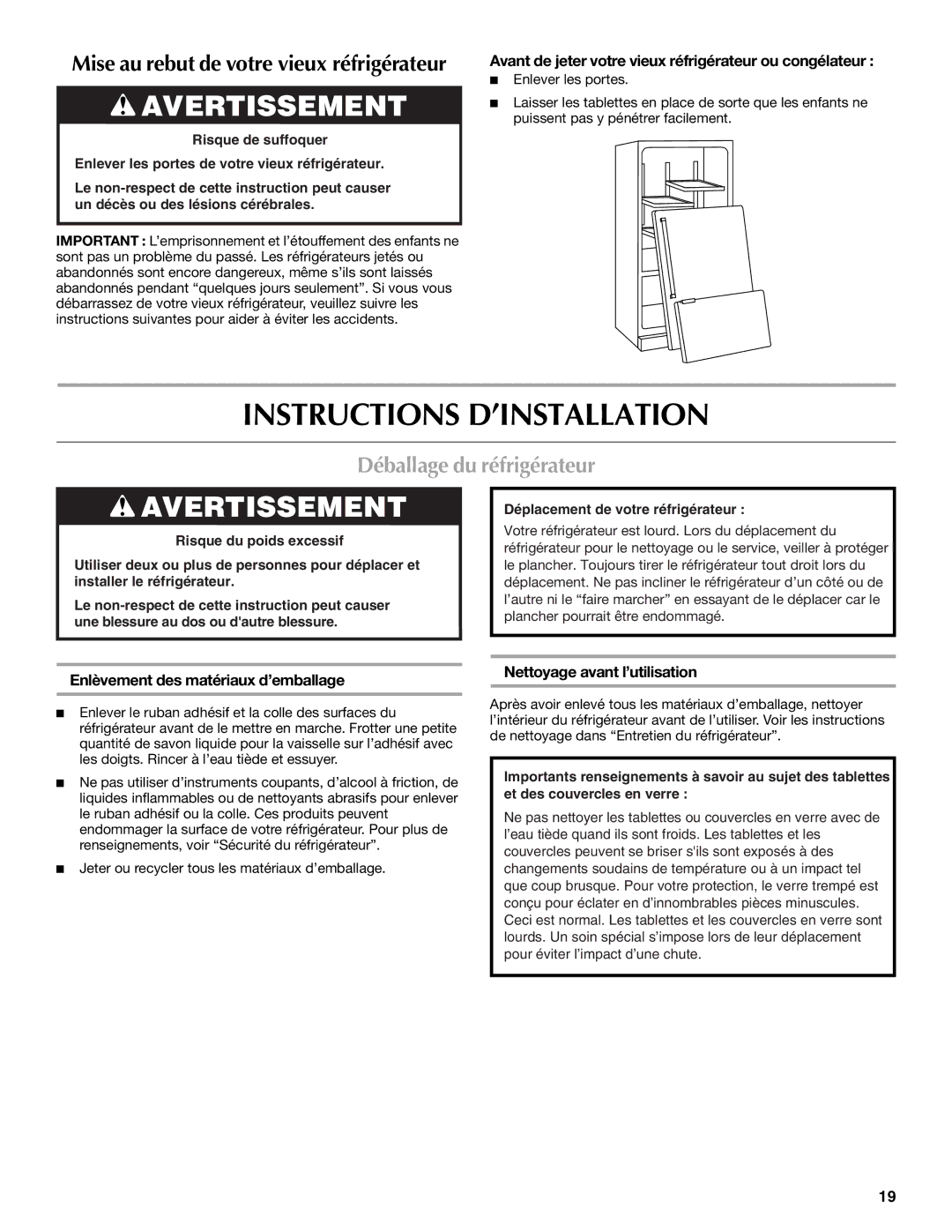 Maytag 12828186A, 12828190A Instructions D’INSTALLATION, Déballage du réfrigérateur, Enlèvement des matériaux d’emballage 