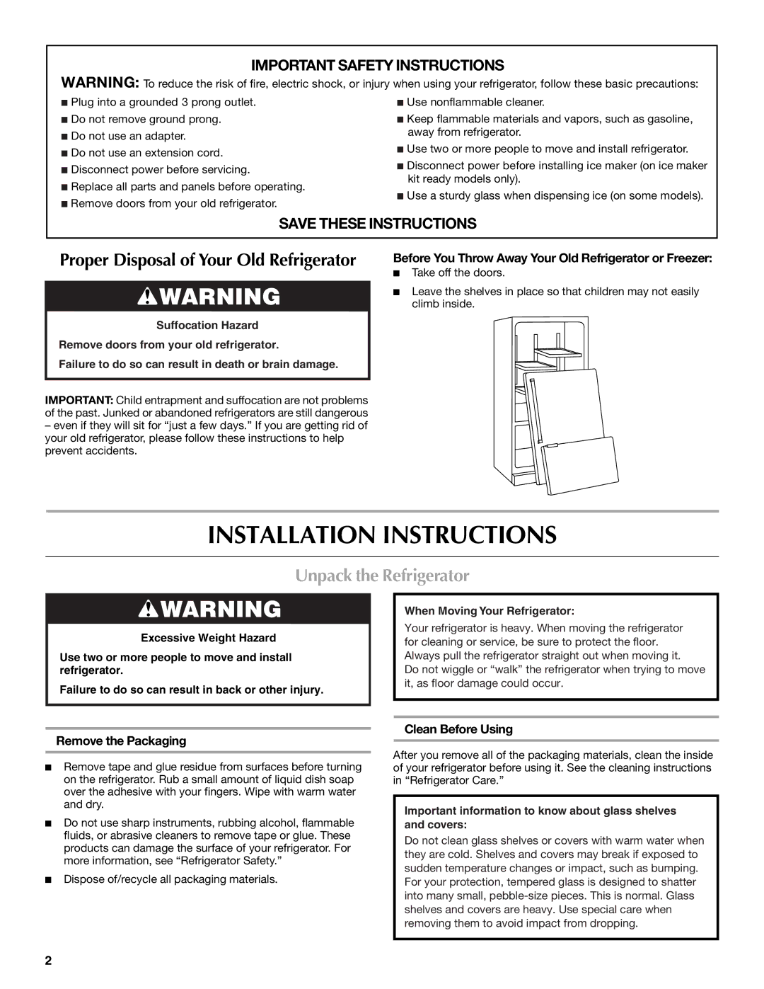 Maytag 12828190A, 12828186A Installation Instructions, Unpack the Refrigerator, Remove the Packaging, Clean Before Using 