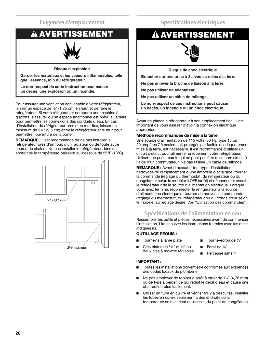 Maytag 12828190A, 12828186A Exigences demplacement, Spécifications électriques, Spécifications de l’alimentation en eau 