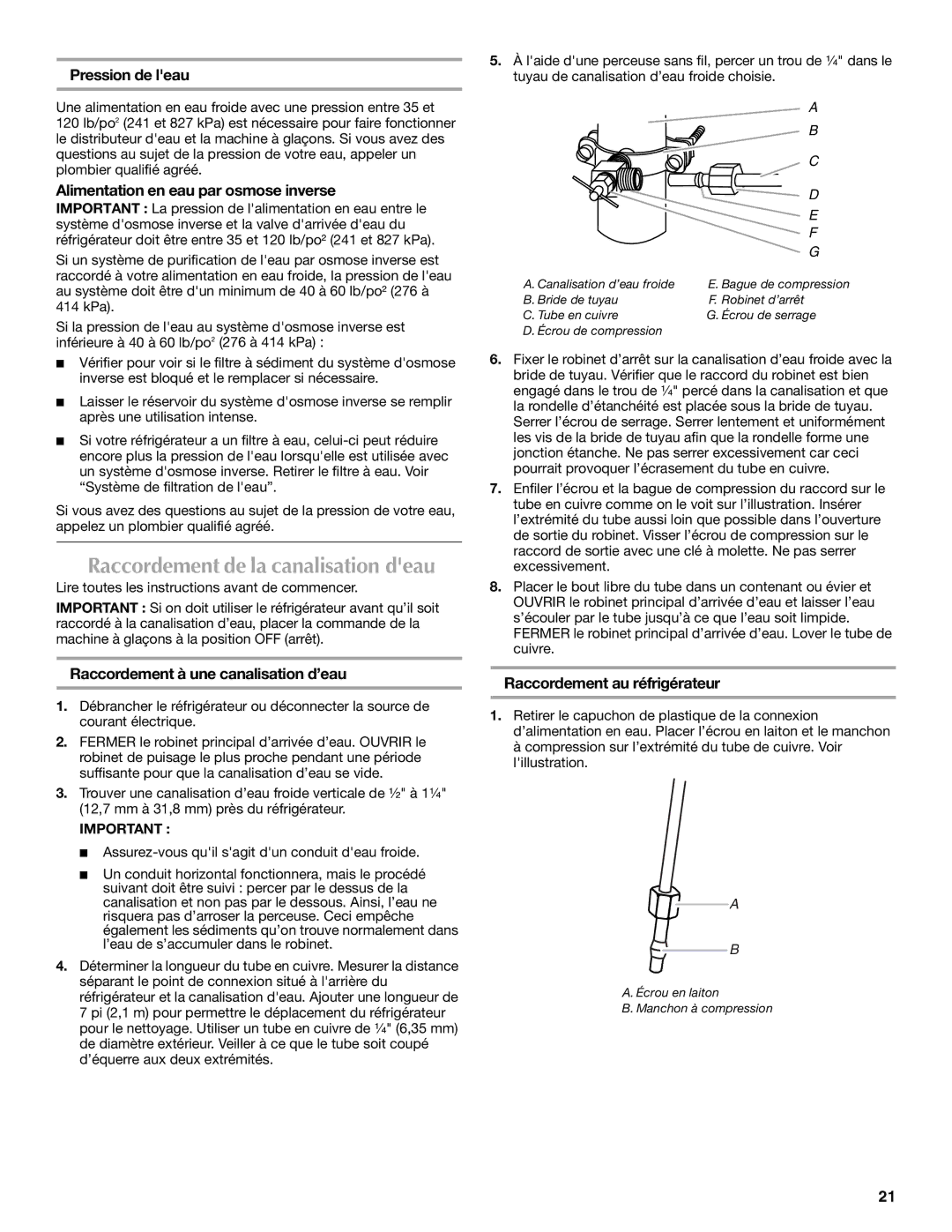 Maytag 12828186A Pression de leau, Alimentation en eau par osmose inverse, Raccordement à une canalisation d’eau 