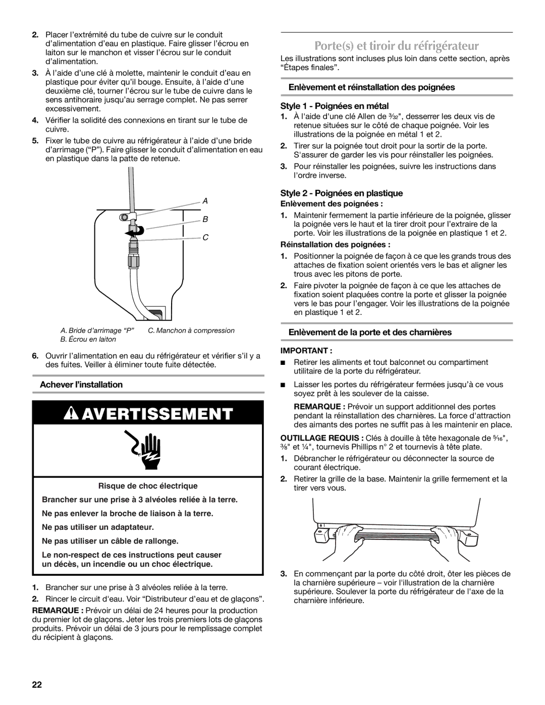 Maytag 12828190A, 12828186A Portes et tiroir du réfrigérateur, Achever l’installation, Style 2 Poignées en plastique 