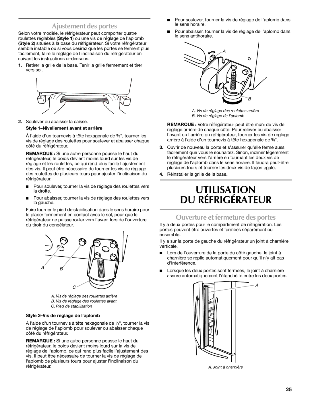 Maytag 12828186A, 12828190A Utilisation DU Réfrigérateur, Ajustement des portes, Ouverture et fermeture des portes 