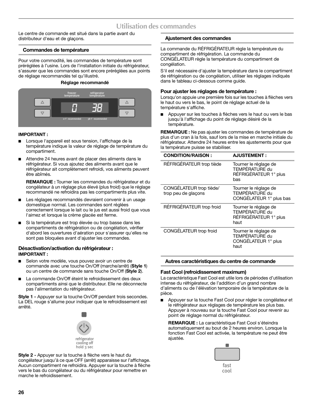 Maytag 12828190A, 12828186A Utilisation des commandes, Commandes de température, Ajustement des commandes 