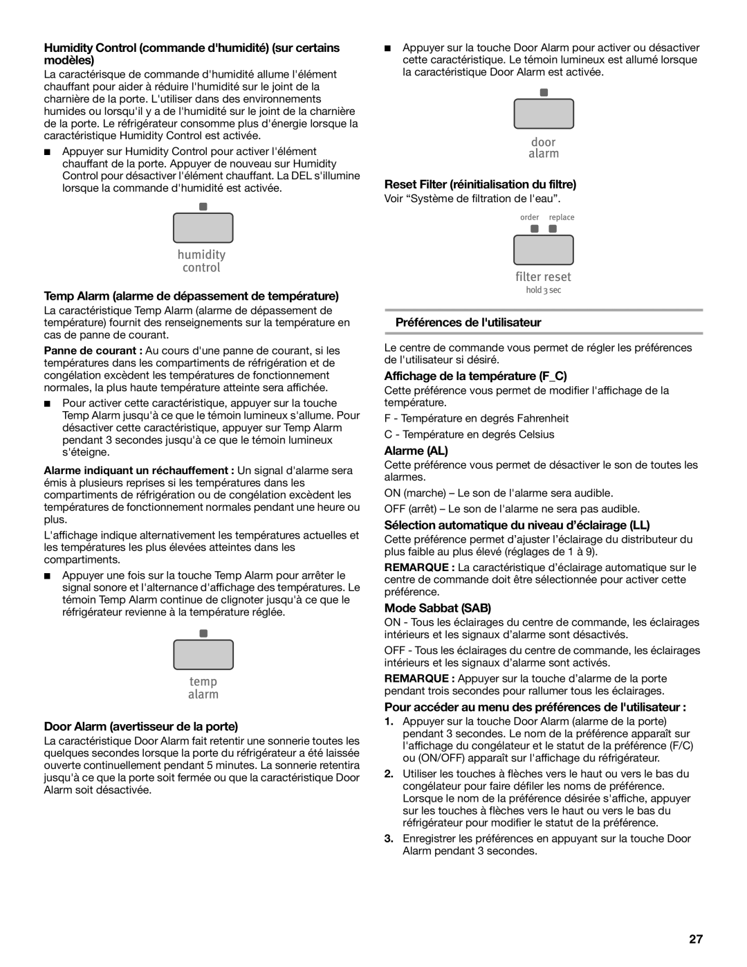 Maytag 12828186A Humidity Control commande dhumidité sur certains modèles, Temp Alarm alarme de dépassement de température 