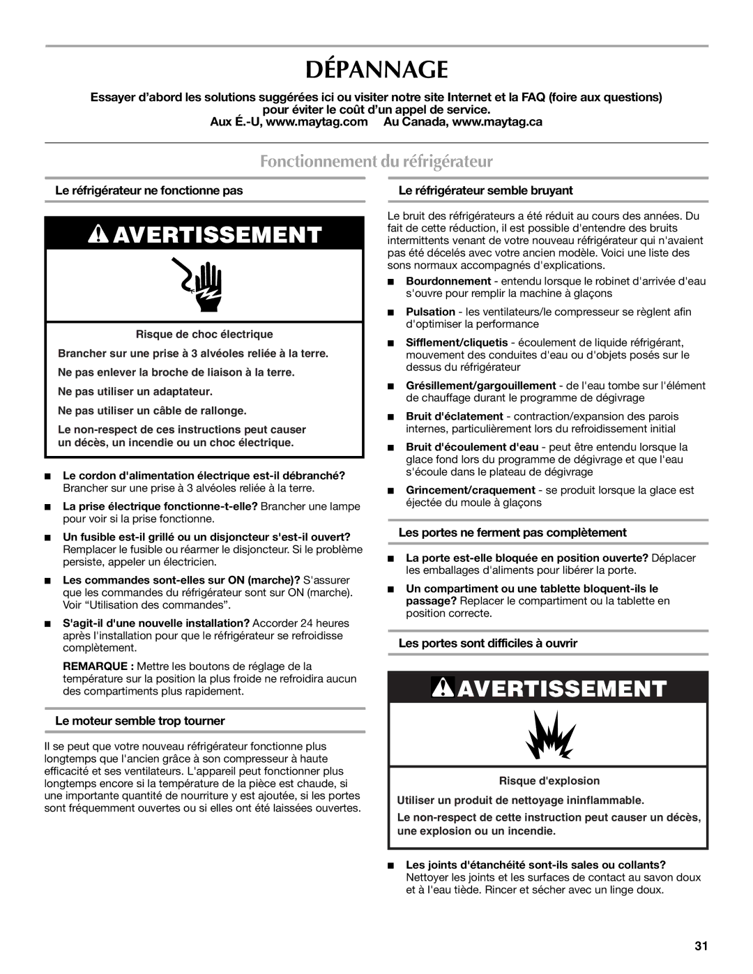 Maytag 12828186A, 12828190A installation instructions Dépannage, Fonctionnement du réfrigérateur 