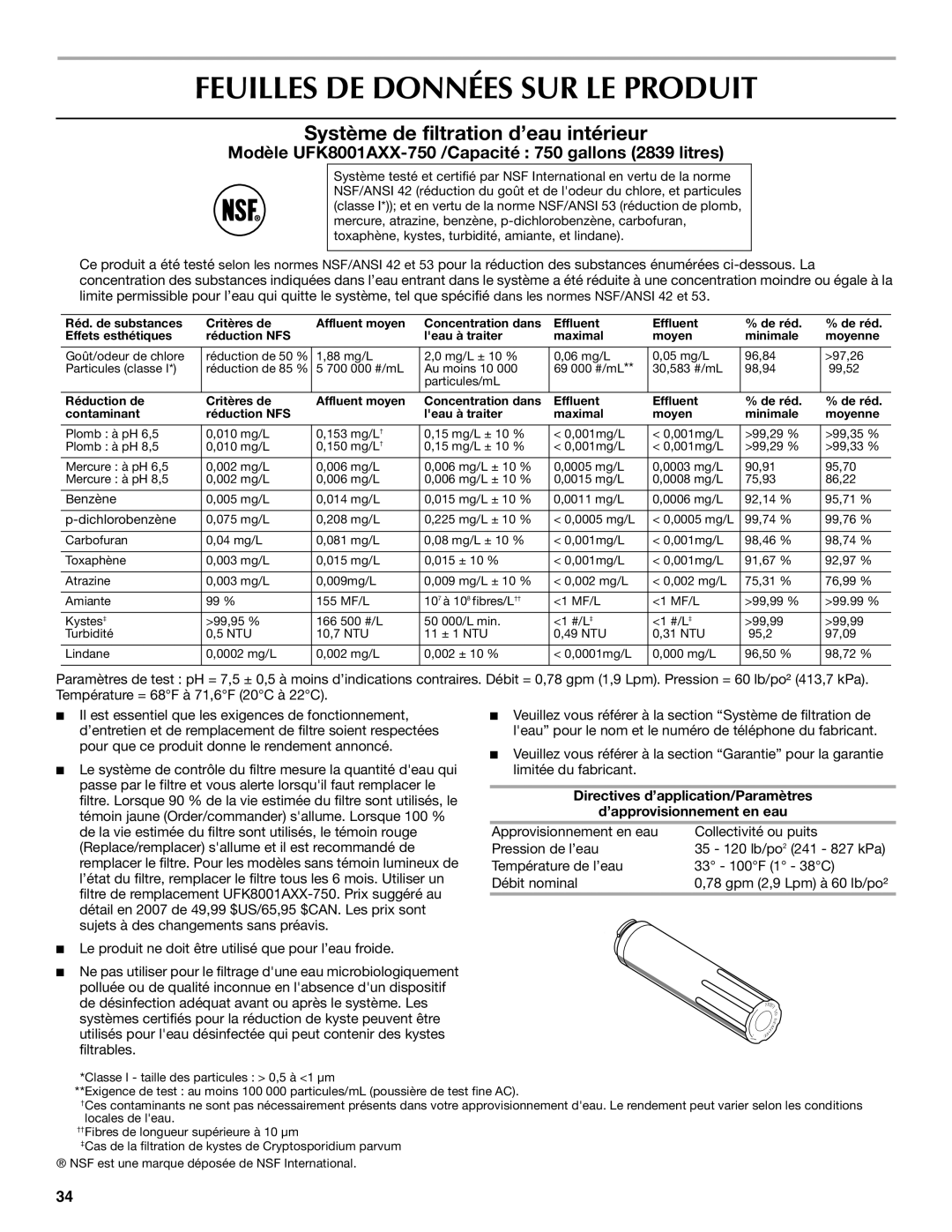 Maytag 12828190A, 12828186A Feuilles DE Données SUR LE Produit, Système de filtration d’eau intérieur 