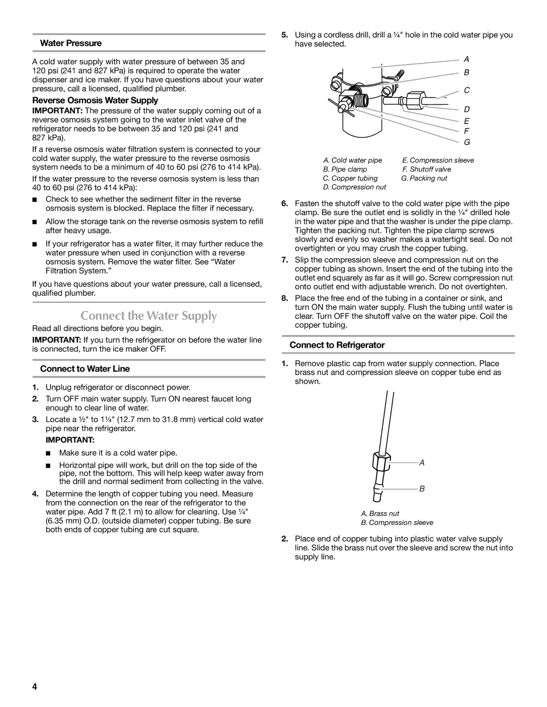 Maytag 12828190A, 12828186A Connect the Water Supply, Water Pressure, Reverse Osmosis Water Supply, Connect to Water Line 