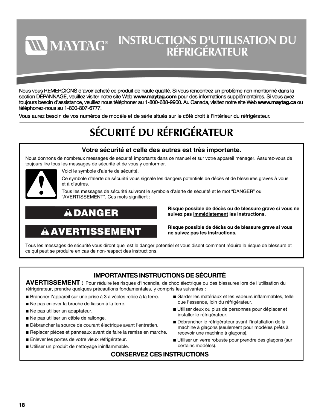 Maytag 12828190A, 12828186A Instructions Dutilisation Du Réfrigérateur, Sécurité Du Réfrigérateur, Danger Avertissement 