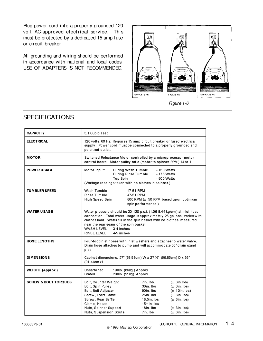 Maytag 16010061 service manual Specifications 