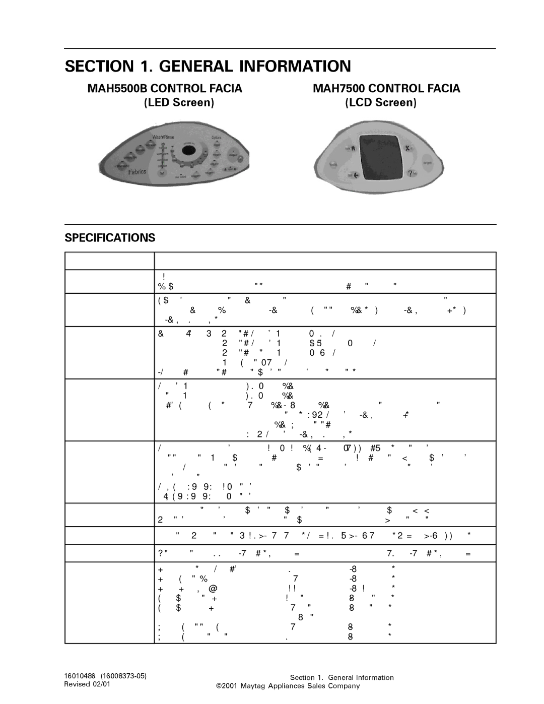 Maytag 16010061 service manual General Information, MAH5500B Control Facia MAH7500 Control Facia, Specifications 