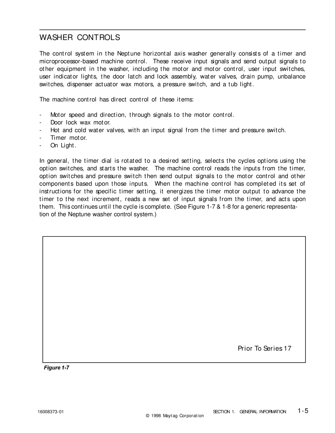 Maytag 16010061 service manual Washer Controls 