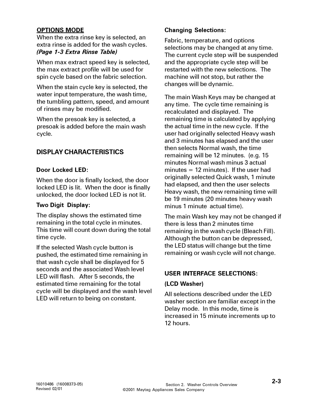 Maytag 16010061 service manual Display Characteristics, Options Mode 