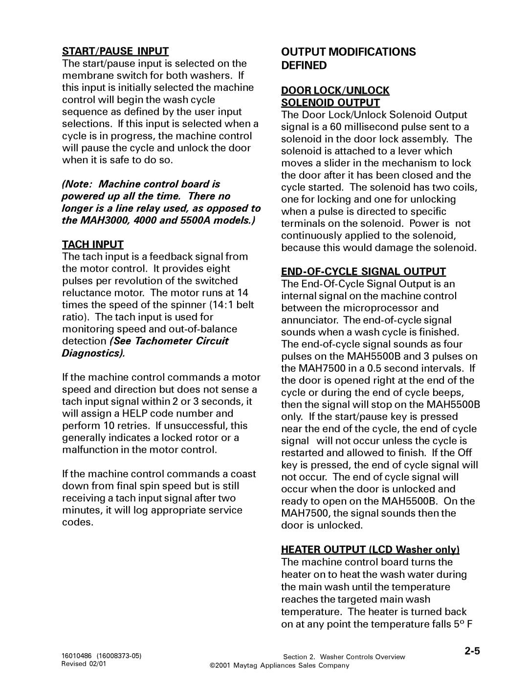 Maytag 16010061 Output Modifications Defined, START/PAUSE Input, Tach Input, Door LOCK/UNLOCK Solenoid Output 