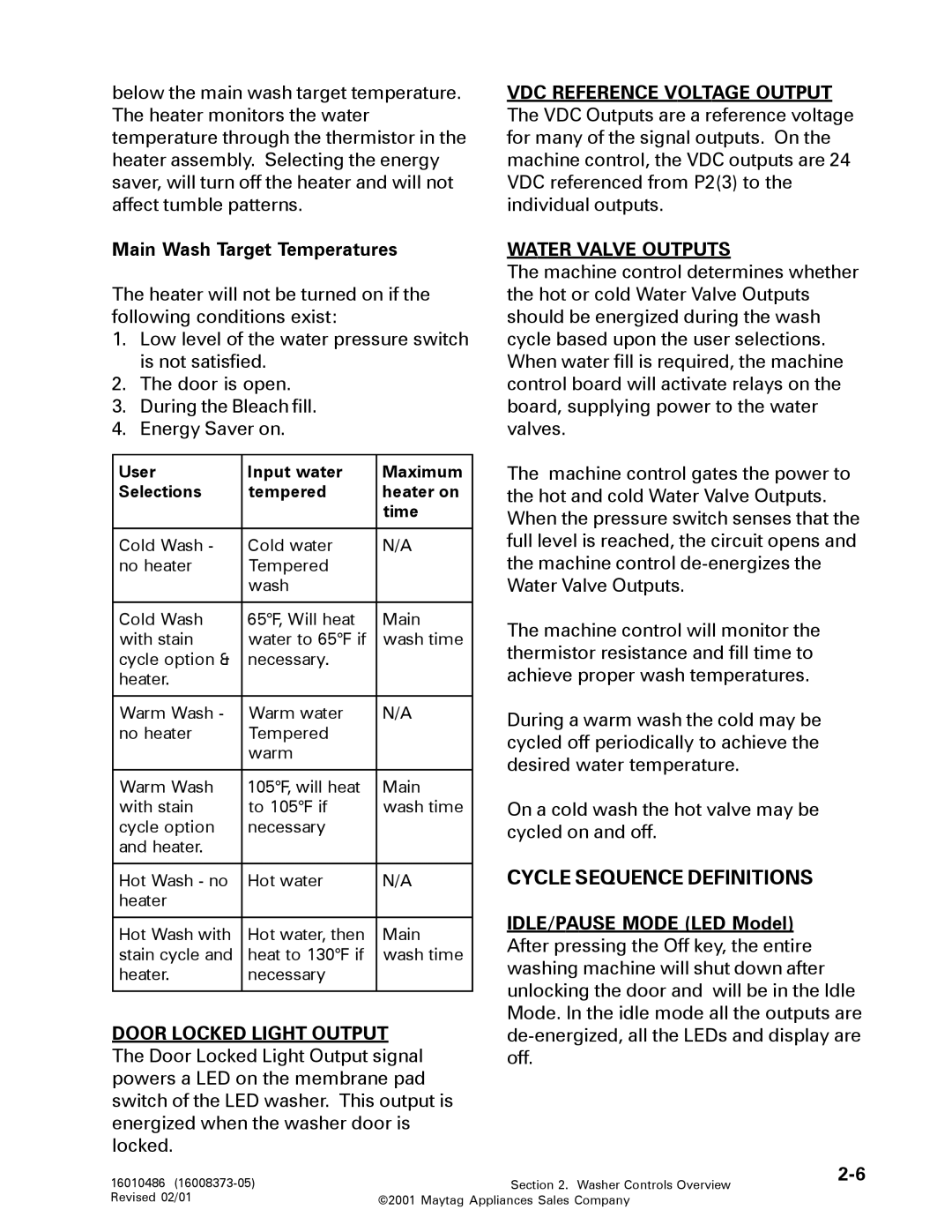 Maytag 16010061 service manual Cycle Sequence Definitions, Main Wash Target Temperatures, Water Valve Outputs 