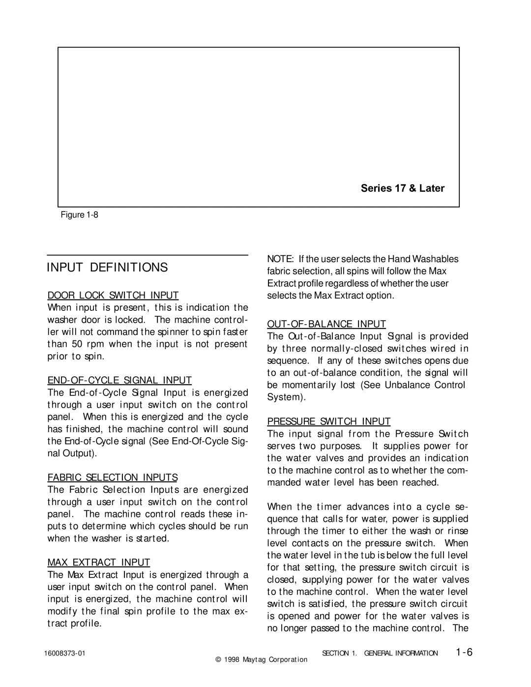 Maytag 16010061 service manual Input Definitions, Series 17 & Later 