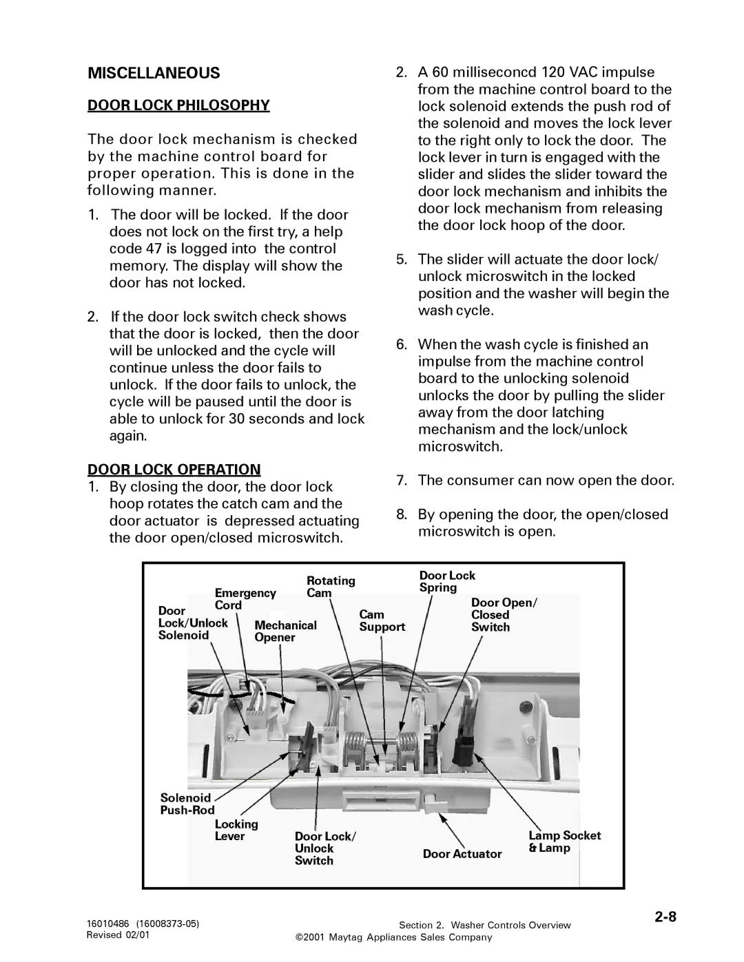 Maytag 16010061 service manual Miscellaneous, Door Lock Philosophy, Door Lock Operation 