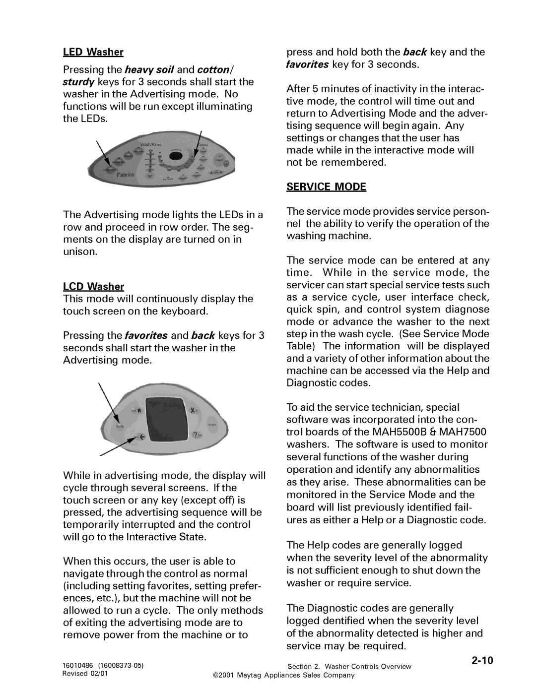 Maytag 16010061 service manual LED Washer, LCD Washer, Service Mode 